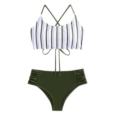 Imagem de SweatyRocks Conjunto de biquíni feminino listrado cruzado de cintura alta, Verde escuro, M