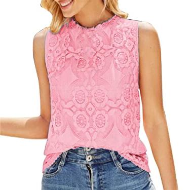 Imagem de Camiseta feminina de renda estampada para sair, plus size, sem mangas, sexy, blusa de verão, boho, colete de trabalho, rosa, GG
