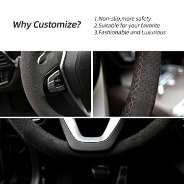 Imagem de Alfanxi Costura à mão Italy Alcantara capa para volante de carro para BMW 2 3 4 5 6 7 8 séries, ALPINA B7 XB7 acabamentos, X3 X4 X5 X6 X7 Z4 acabamentos (alcantara preta com pontos + sem listras)