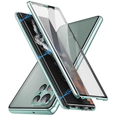 Imagem de KumWum Capa de telefone para Samsung Galaxy S22 protetor de tela de vidro ultra temperado protetor de tela de alumínio frente e verso proteção total 360 com capa magnética para lente da câmera - verde