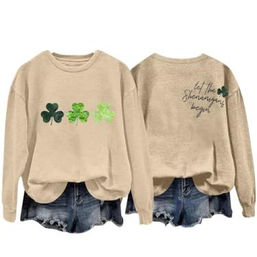 Imagem de Suéter feminino St Patricks Day manga longa verde irlandês Lucky Clover impressão 2024 tops gola redonda, Caqui, P