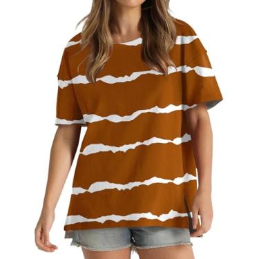Imagem de Camisetas femininas listradas, folgadas, gola redonda, manga curta, roupas de verão para sair, Café, P