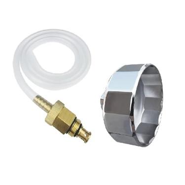 Imagem de Ferramenta de drenagem de filtro de óleo com chave para Toyota, Lexus, motores Scion com sistemas de filtro de óleo estilo cartucho, tubo de tubo de mangueira de liberação de filtro de óleo e ferramenta de soquete de remoção de filtro de óleo de 64,3 mm para troca de óleo