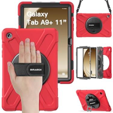 Imagem de BRAECN Capa para Samsung Galaxy Tab A9+ 28 cm 2023, capa protetora de silicone resistente com protetor de tela e alça de mão giratória 360 e suporte + alça de ombro para Galaxy A9 Plus - vermelha