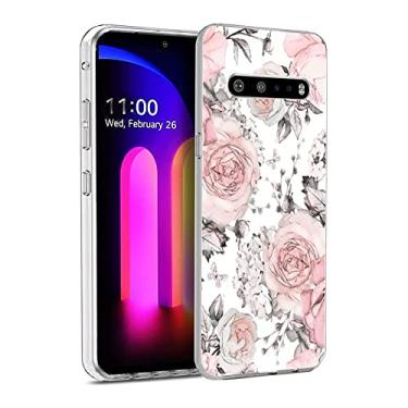 Imagem de HUIYUEKUAI Capa estética para LG V60 ThinQ, capa protetora à prova de choque com flor rosa estética em aquarela para mulheres e meninas