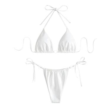 Imagem de COZYEASE Maiô feminino sexy de duas peças, biquíni metálico, cintura alta, frente única, maiô feminino, Branco, M