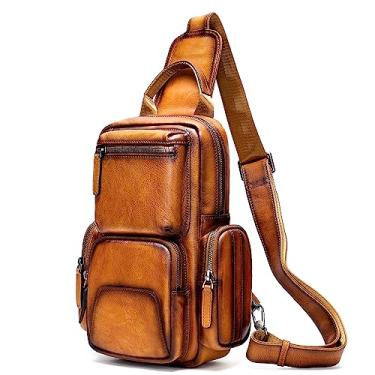 Imagem de NIUCUNZH Bolsa tiracolo de couro legítimo, vintage, feita à mão, mochila de ombro para caminhada, mochila de viagem, Marrom-1, Medium, Bolsa tiracolo vintage masculina