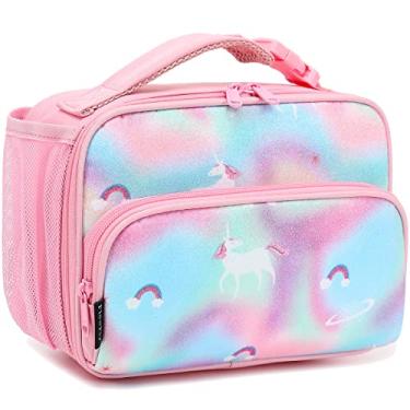 Imagem de FlowFly Lancheira infantil com isolamento térmico bolsa macia e mini cooler volta às aulas kit de sacola de refeição para meninas, meninos, unicórnio com glitter