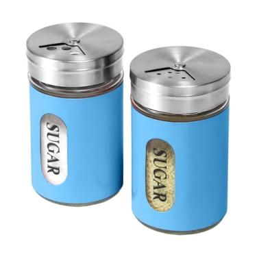 Imagem de Conjunto de espanador de açúcar em aço inoxidável e vidro com furos ajustáveis e coqueteleira para café, conjunto de 2 (azul)