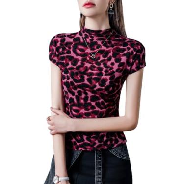 Imagem de Yueary Camiseta feminina com estampa de leopardo, gola redonda, manga curta, túnica de malha canelada slim fit verão trabalho elegante, Rosa, M