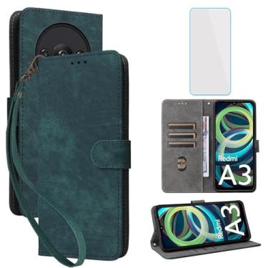 Imagem de IUQXU Capa carteira para celular Xiaomi Redmi A3 / Poco C61 com protetor de tela [bloqueio RFID] Suporte de cartão flip de couro com alça de pulso masculina e feminina para PocoC61 Redmi A3 LTE verde