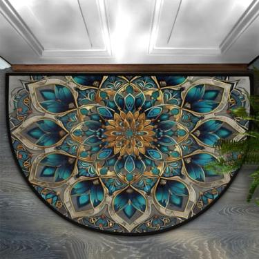 Imagem de Boho Vintage Mandala Capacho Meio Redondo Entrada Interior Lavável Meio Círculo Tapetes de Área Flor Turquesa Antiderrapante Meia Lua Tapete Semi Círculo Tapete de Banheiro Tapete para Decoração de