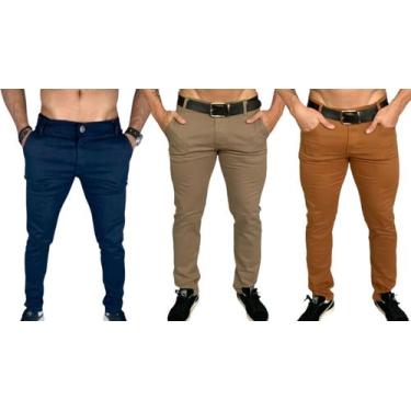 Imagem de Kit 3 calça jeans masculina com elastano slim bege claro azul marinho 