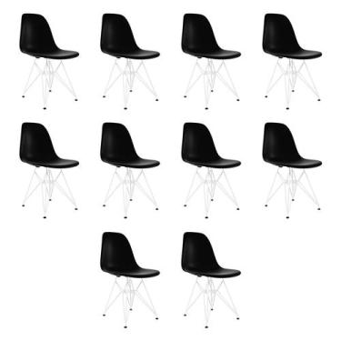 Imagem de Kit 10 Cadeiras Jantar Assento Preto Eiffel Eames Base Ferro Branco - 