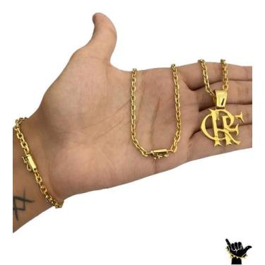 Imagem de Corrente Cadeado 3mm + Pulseira + Ping Fla - Banhado a Ouro - ToJoia18