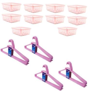 Imagem de Kit 10 Cestos Organizador Pequeno 16x12x6Cm+20 Cabides Rosa - Trioplas