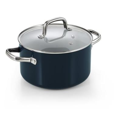 Imagem de Cook N Home Panela antiaderente com tampa, 6 litros de cerâmica anodizada, saudável, antiaderente para massa, panela de indução para cozinhar, enlatar, molho, Ollas para Cocina, azul