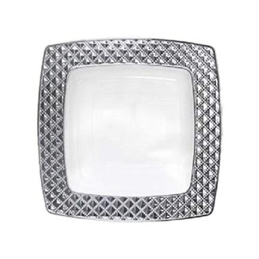 Imagem de Pratos de sobremesa quadrados de plástico com aro prateado - 15,7 cm | Transparente | Coleção de diamantes | Pacote com 10