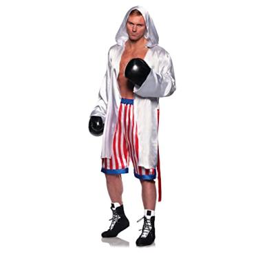 Imagem de UNDERWRAPS Fantasia de boxe de cetim - Conjunto de fantasia boxer de duas peças para casal, conjunto de roupão e shorts masculinos, fantasia boxer com bandeira americana, tamanho único, Fantasia