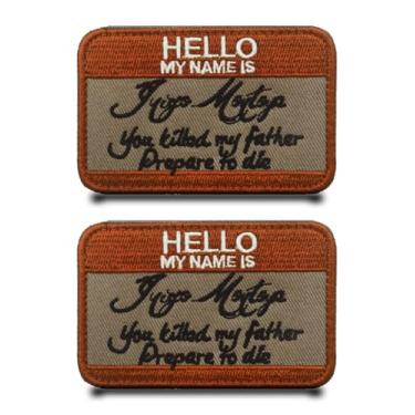 Imagem de 2 peças marrom "Hello My Name is Inigo Montoya" emblema militar tático bordado gancho e laço apliques engraçados para jaqueta, colete, roupas, jeans, bonés, bolsas, chapéus, mochilas