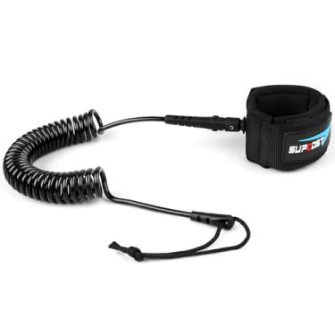 Imagem de SUPCOST Trela de prancha de surfe de 3 metros, correia de prancha de pá enrolada de uretano de 5,5 mm de espessura. Coleira de suporte para pé de perna de mola enrolada para shortboard, longboard,