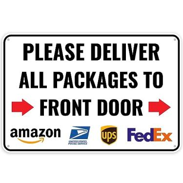 Imagem de 1 placa de entrega para pacotes – por favor, entregue todos os pacotes na porta da frente seta para a direita, 30 x 20 cm – Alumínio – Instruções de entrega para meus pacotes pedidos da Amazon, UPS, FedEx, USPS, UPS