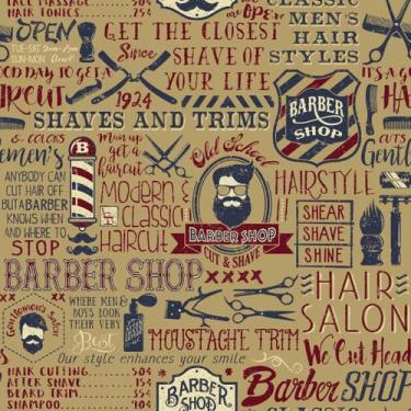 Imagem de Papel de Parede Temático Barbearia Itens Fundo Amarelo 1,5m - DEKAL DE