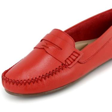 Imagem de Mocassim Feminino Sola Baixa Sapatilha Couro Legitimo - RM, Vermelho, 