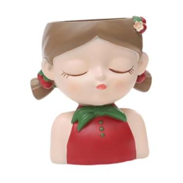 Imagem de Generic Cartoon Girl Planter Vaso de Plantas Decorativo Vaso de Mesa Pequeno Vaso de Flores de Resina para Pátio, Vermelho Acastanhado