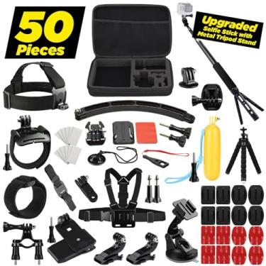 Imagem de Kit de acessórios de câmera de ação 50 em 1 para GoPro Hero 12 11 10 9 8 7 6 5 4, DJI Osmo, Insta360 – montagens, tiras, suportes de guidão e bastão de selfie para versatilidade incomparável em cada