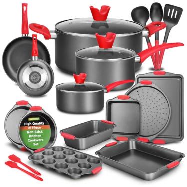 Imagem de Jogo de Panelas e Frigideiras Antiaderentes em Aço Inoxidável com Utensílios, 21 Peças, NutriChef, Preto