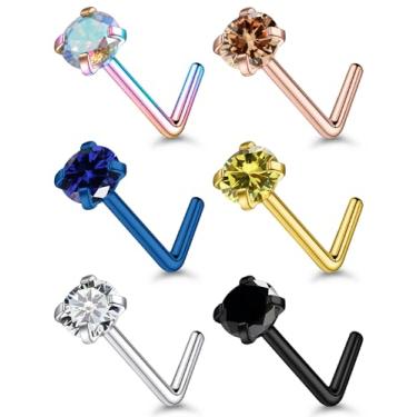 Imagem de Qiwnswoy Piercing de nariz de aço cirúrgico/titânio, 6 peças, piercing de nariz em forma de L, joia corporal para mulheres, 22 g/20 g/18 g, Metal Cristal, Zircônia cúbica