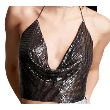 Imagem de Cropped Top Blusa Luxo Frente Única Metal Brilhoso Alça Fina - Modas F