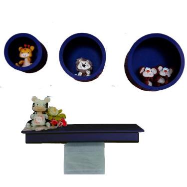 Imagem de Kit Nichos Redondos + Prateleira com Varão MDF - AZUL MARINHO - Flores