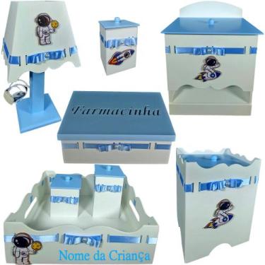 Imagem de Kit de Higiene bebê mdf menino masculino - ASTRONAUTA TAMPAS AZUL BB -