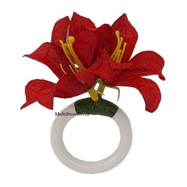 Imagem de KIT 06 Argola Porta Guardanapo Anel Flor de Lírio Vermelho Floral Mesa