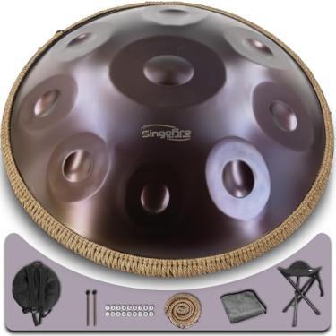Imagem de Tambor de mão "SINGOFIRE", tambores de mão para adultos, 55 cm, 9 notas, 432 Hz, instrumento curdo menor, instrumento HandPan com bolsa macia, 2 marretas de mão, suporte de mão e pano livre de poeira