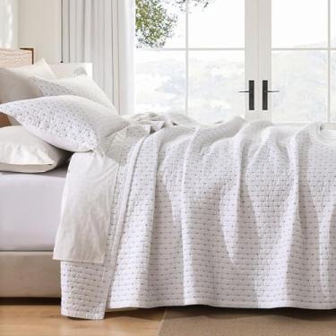 Imagem de PERHOM Colcha King 100% algodão, ponto cruz cinza, tamanho king, com 2 fronhas, edredom leve e macio, conjunto de cama com costura dupla face, 3 peças, branco/cinza