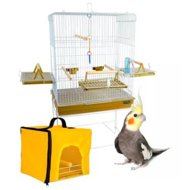 Imagem de Gaiola Viveiro Pássaro Confort Triplex + Bolsa Transporte Jelplast (Branco/Amarelo)
