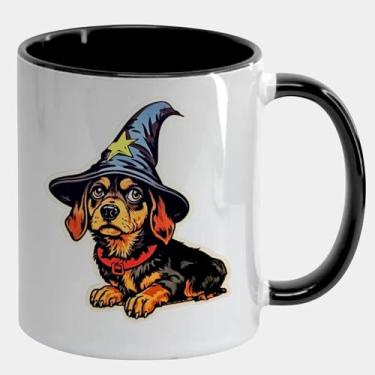 Imagem de Caneca Branca com Alça e Interna Preta de Porcelana 325ml DACHSHUND CACHORRO CHAPEU MAGO