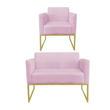 Imagem de Kit 1 Namoradeira e 1 Poltrona Marisa Suede Rosa Bebê - DROSSI