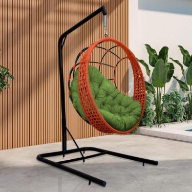 Imagem de Cadeira Balanço Ninho Suspenso Em Corda Náutica Luxo Com Suporte Ocre-verde