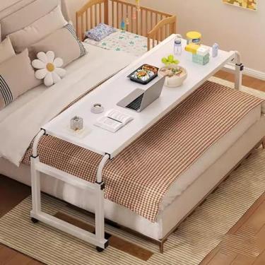 Imagem de Mesa para computador móvel com rodas, altura e comprimento ajustáveis sobre a cama, mesa de trabalho, mesa multifuncional para sala de estar, quarto, escritório