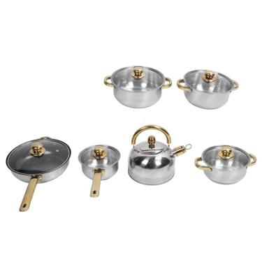 Imagem de Conjunto de Panelas de Aço Inoxidável à Prova de Ferrugem Panela Segura à Prova de Ferrugem para Cozinha Doméstica (Alça Dourada com Chaleira)