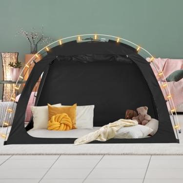 Imagem de EighteenTek Tenda para cama com luzes, fácil de montar, dossel para cama de casal preta - Dossel portátil 90% blackout para dormir com 2 portas, barraca interna privada respirável para decoração de