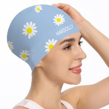 Imagem de Marsolly Touca de natação de silicone para mulheres, touca de natação de cabelo longo impermeável com estampa de flores