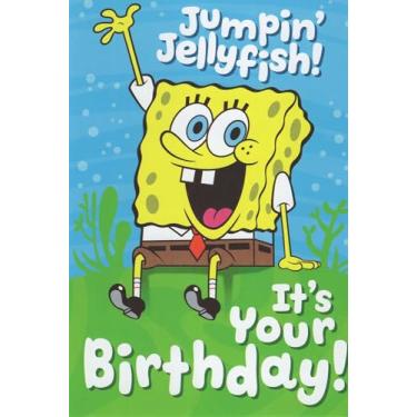 Imagem de Heartline Cartão de felicitações de feliz aniversário Bob Esponja, água-viva pulando! É o seu aniversário! Mensagem, verde e azul, envelope incluído