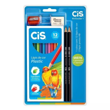 Imagem de Cis Kit Escolar 5 Peças: 12 Lápis de Cor, 2 HB, Apontador e Borracha