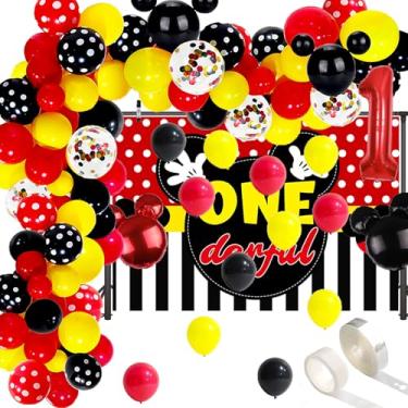 Imagem de 98 peças de artigos para festa de 1º aniversário do Mickey, 1,5 x 7,5 m Mickey Onederful cenário de fotografia inspirado no Mickey Kit de guirlanda de arco de balão de primeiro ano para decoração de