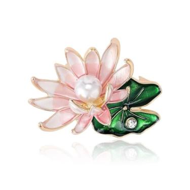 Imagem de Broche de flor de lótus estilo chinês para mulheres broche de flor de pérola esmaltado delicado vintage emblemas de plantas rosa alfinetes de lapela acessórios de vestido, 4*3cm, Zinco, Sem Pedra